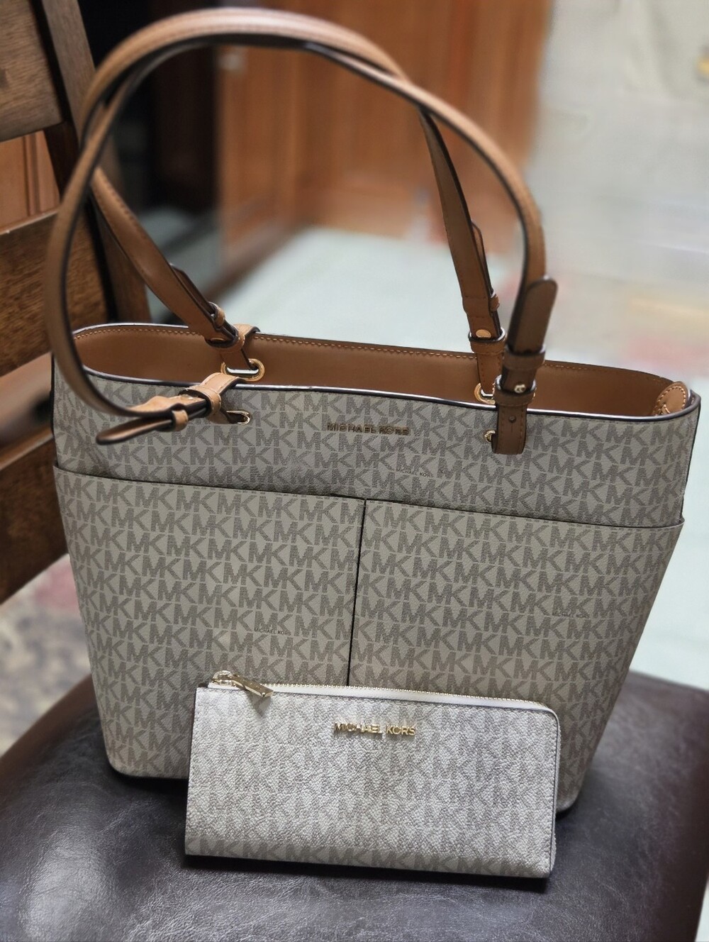 Michael Kors Tan Trim Beige MK Logo Tote with Matching Wallet